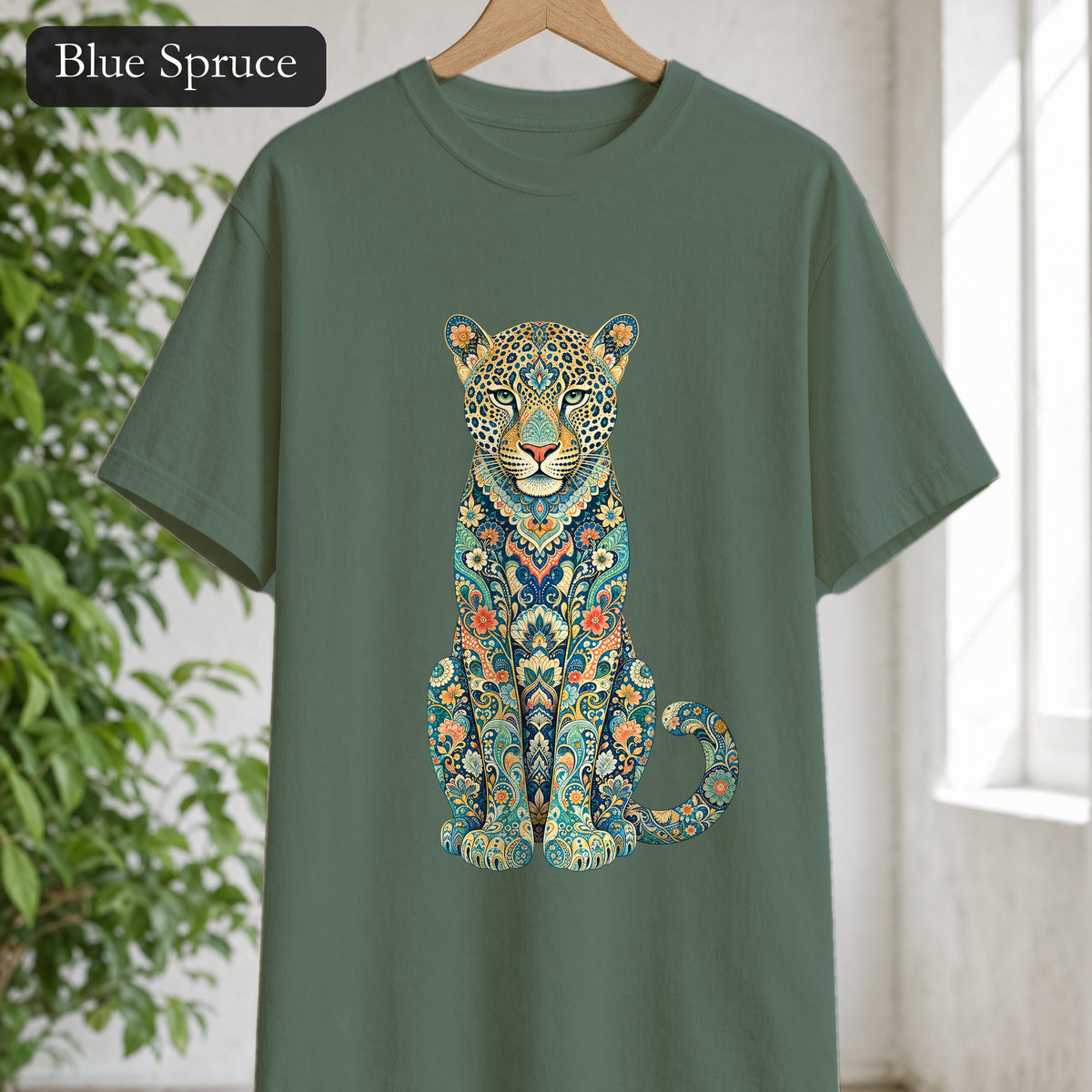 Boho Leopard Shirt, Folk Art Leopard Tee, Japanese Pattern Big Cat Lover Gift, Vintage Floral Leopard Sweatshirt