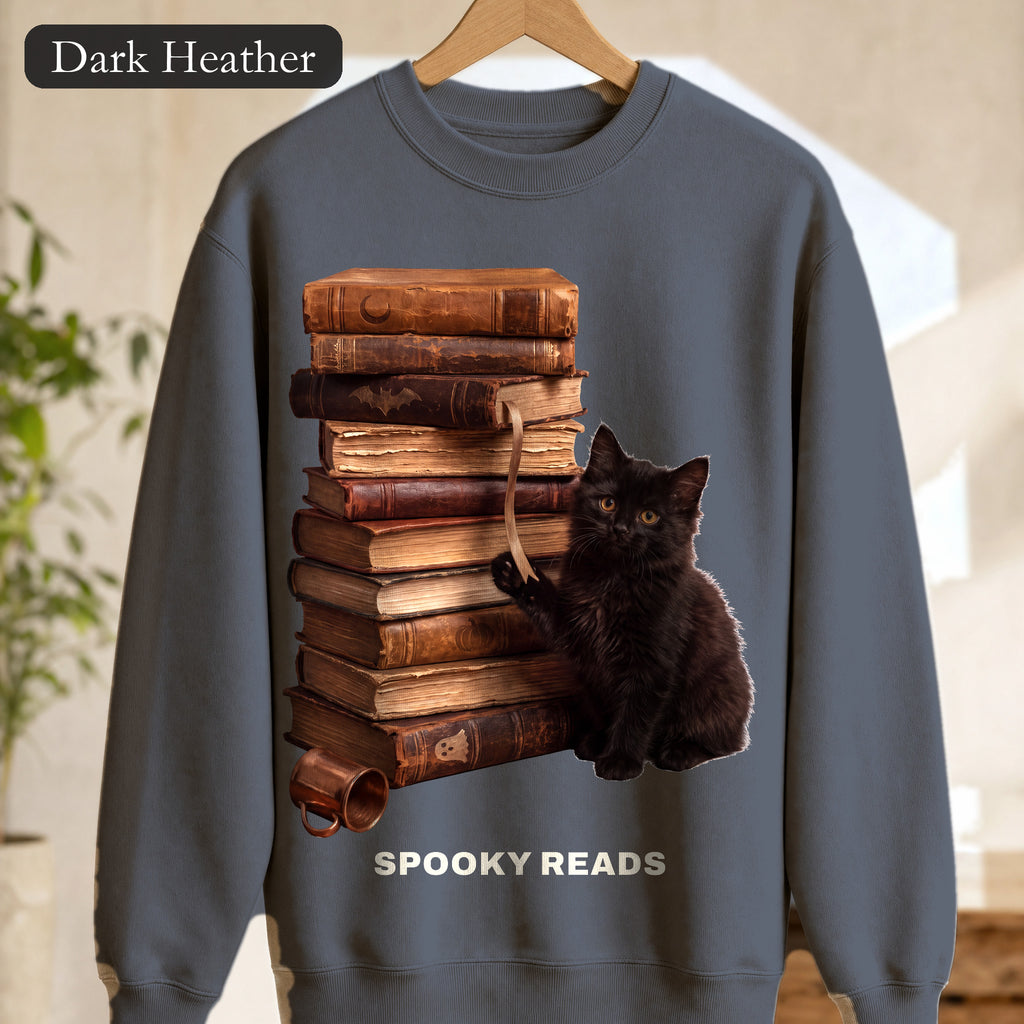 Spooky Reads Cat Sweatshirt, TBR Halloween Book Crewneck, Bookish Spooky Season Sweatshirt, Book Lover Black Cat Gift