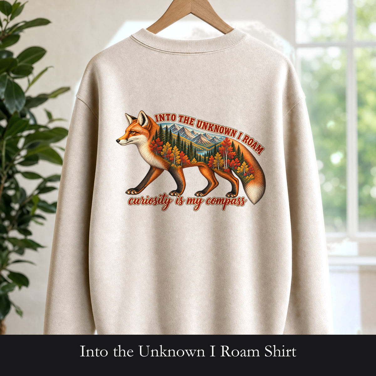 Into the Unknown I Roam Shirt, Fox Double Exposure Tee, Woodland Wanderlust Adventure Gift, Nature Hiking Sweatshirt