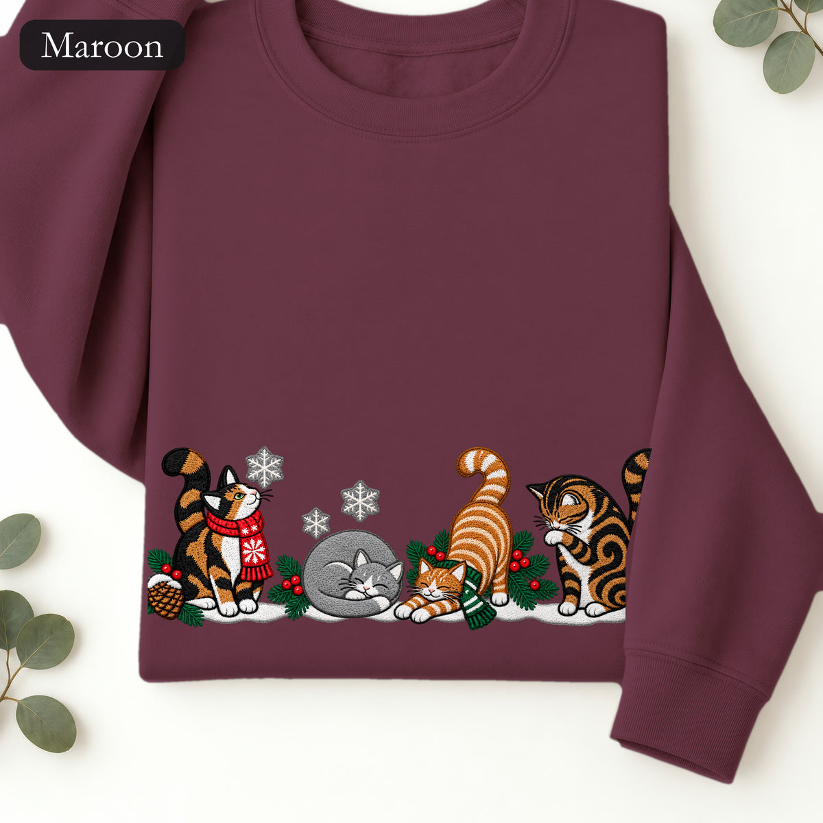 Embroidered Winter Cats Crewneck Sweatshirt | Cozy Christmas Cat Lineup in Scarves, Cat Lover Holiday Gift