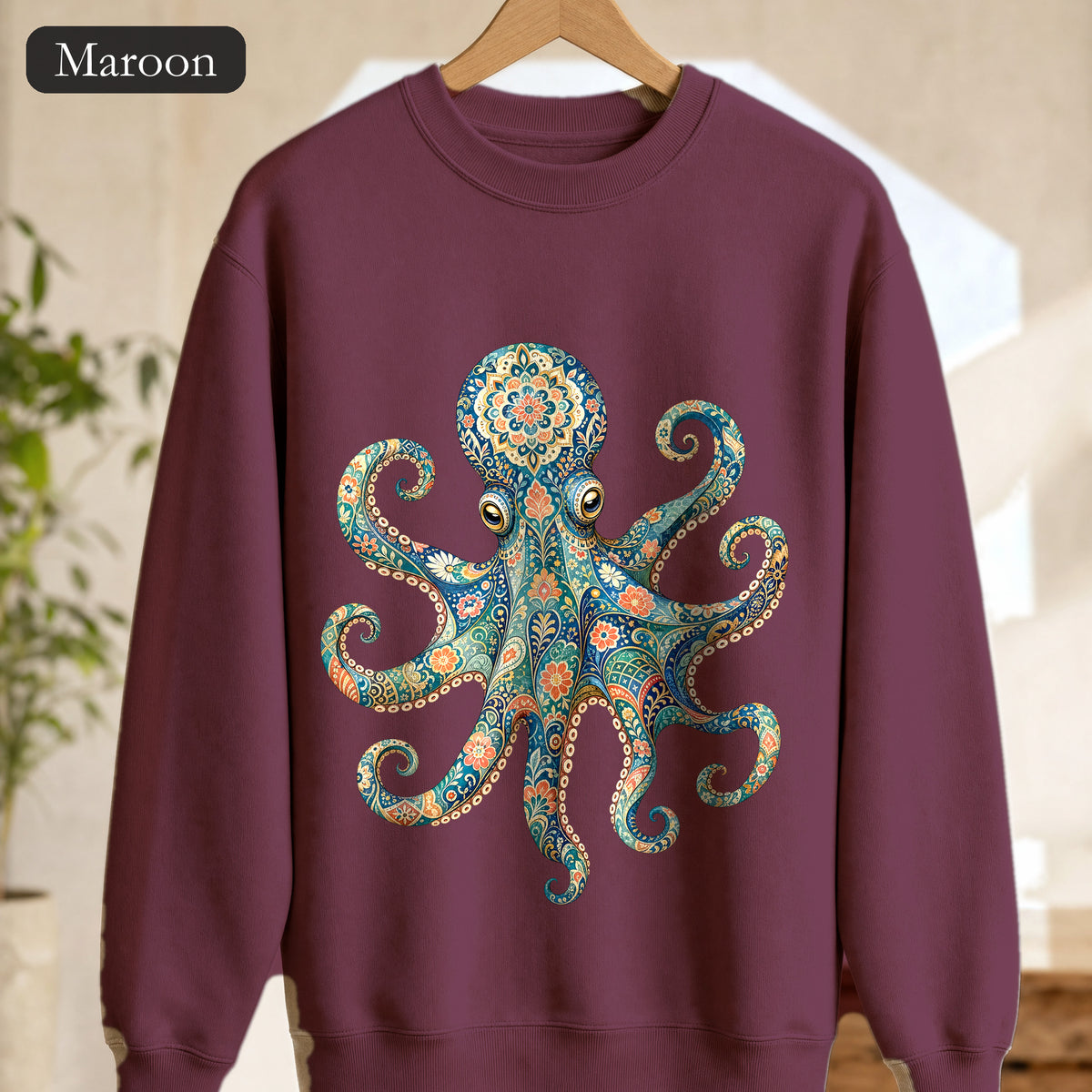 Boho Octopus Shirt, Folk Art Octopus Tee, Japanese Pattern Ocean Lover Gift, Vintage Floral Octopus Sweatshirt