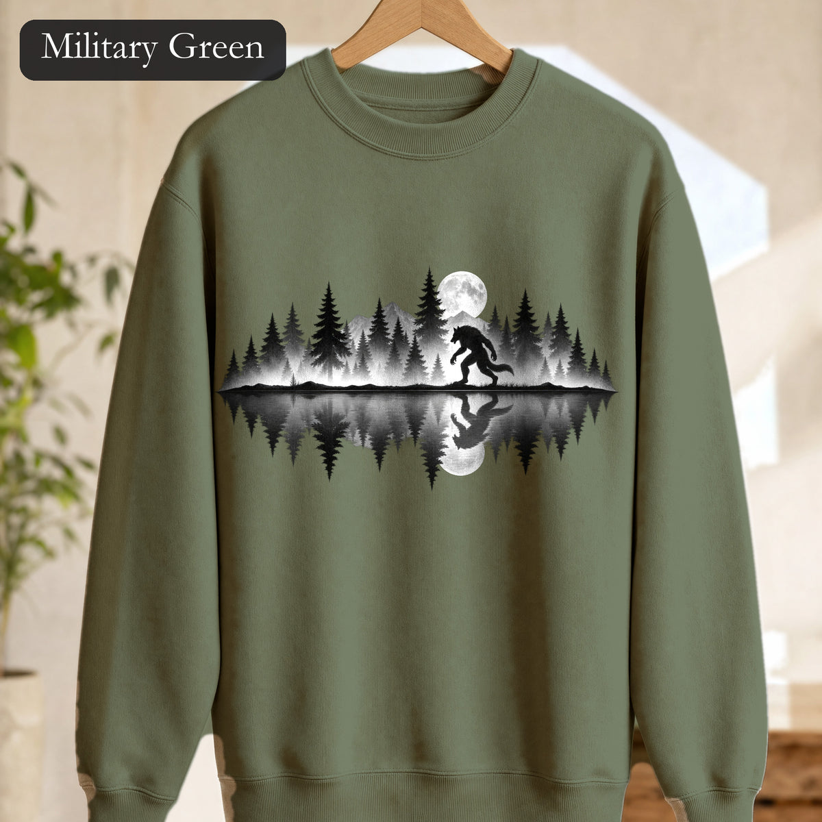 Werewolf Silhouette Moonlight Forest Sweatshirt | Werewolf Lake Reflection