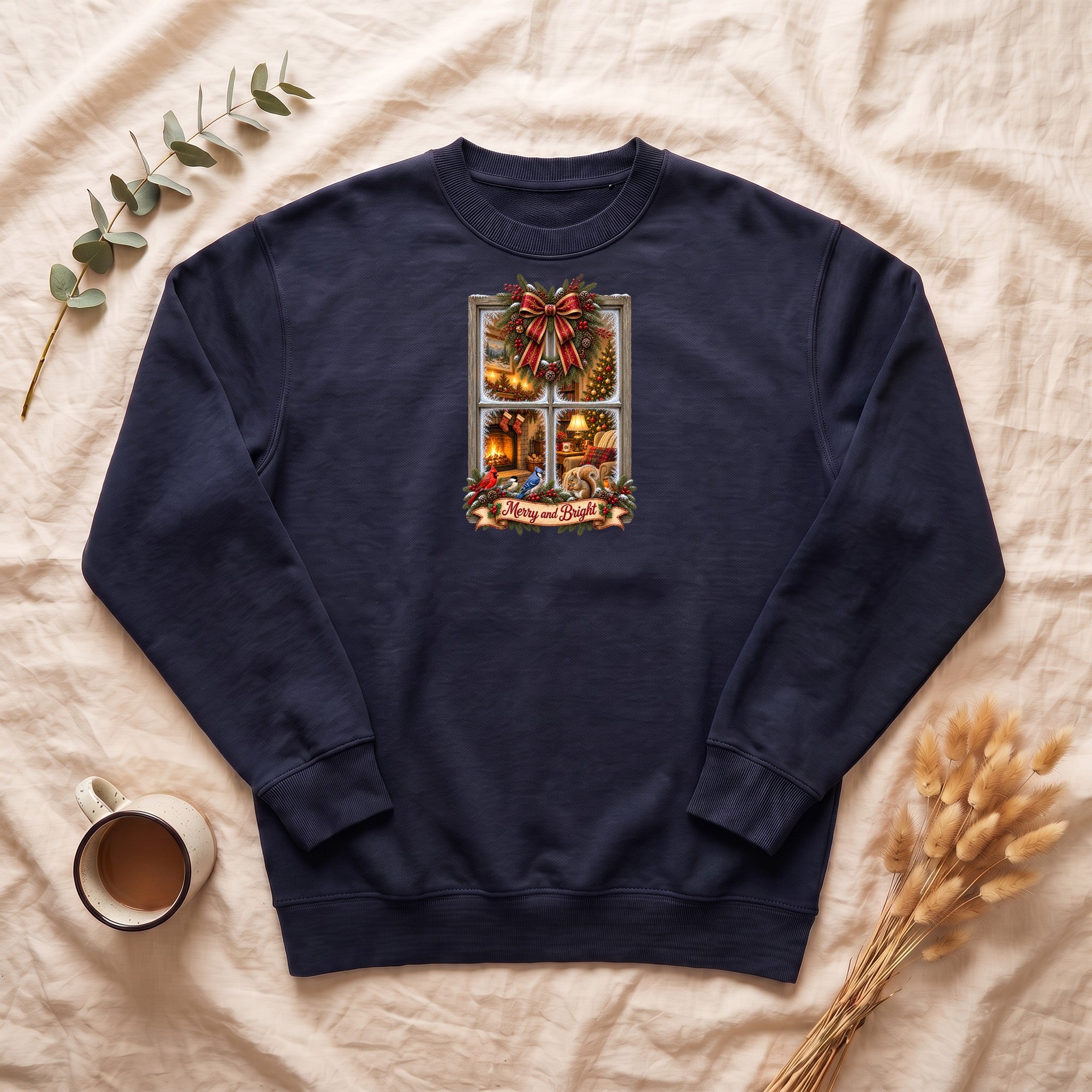 Merry and Bright Window Scene Sweatshirt | Christmas Bow, Wreath, Candlelights