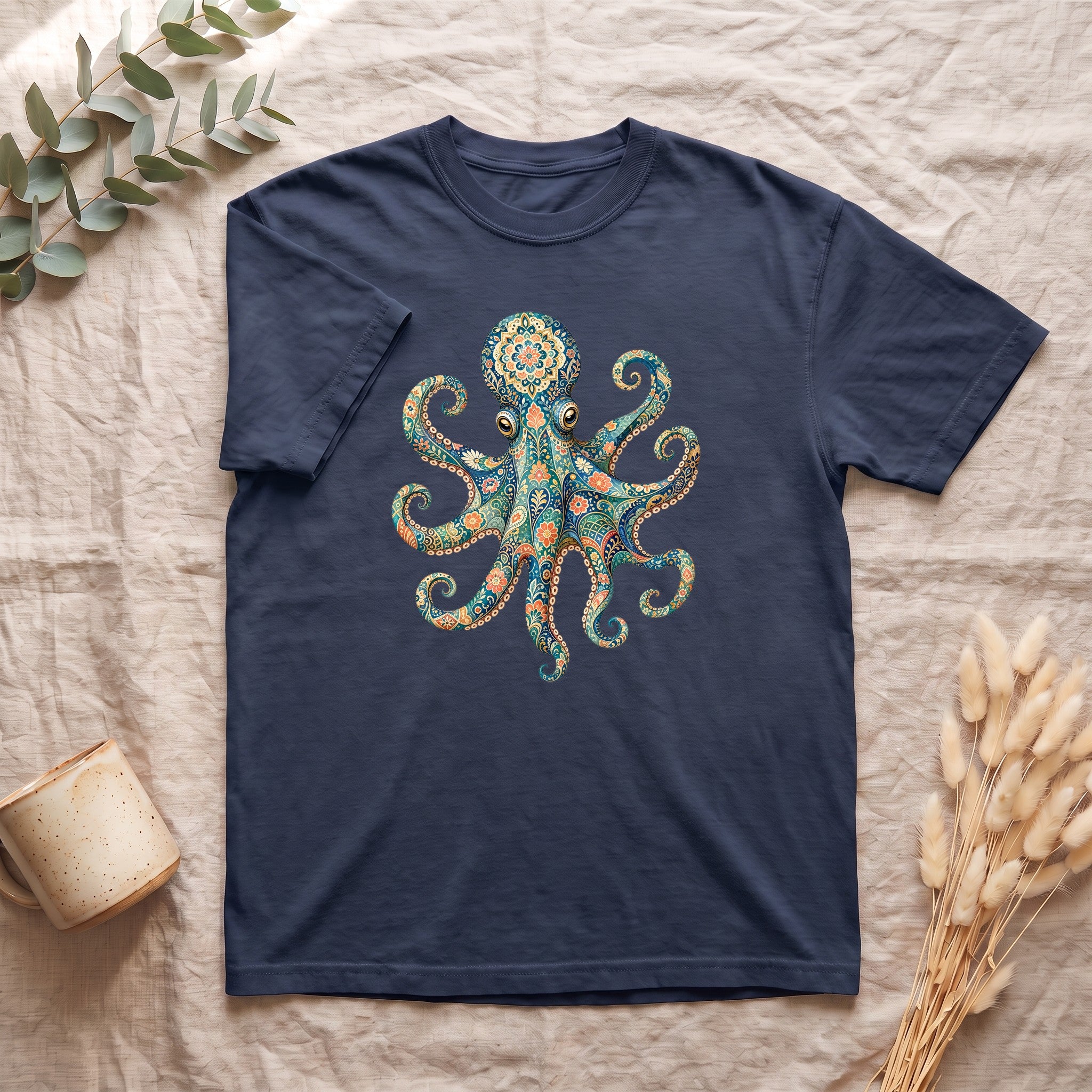 Boho Octopus Shirt, Folk Art Octopus Tee, Japanese Pattern Ocean Lover Gift, Vintage Floral Octopus Sweatshirt