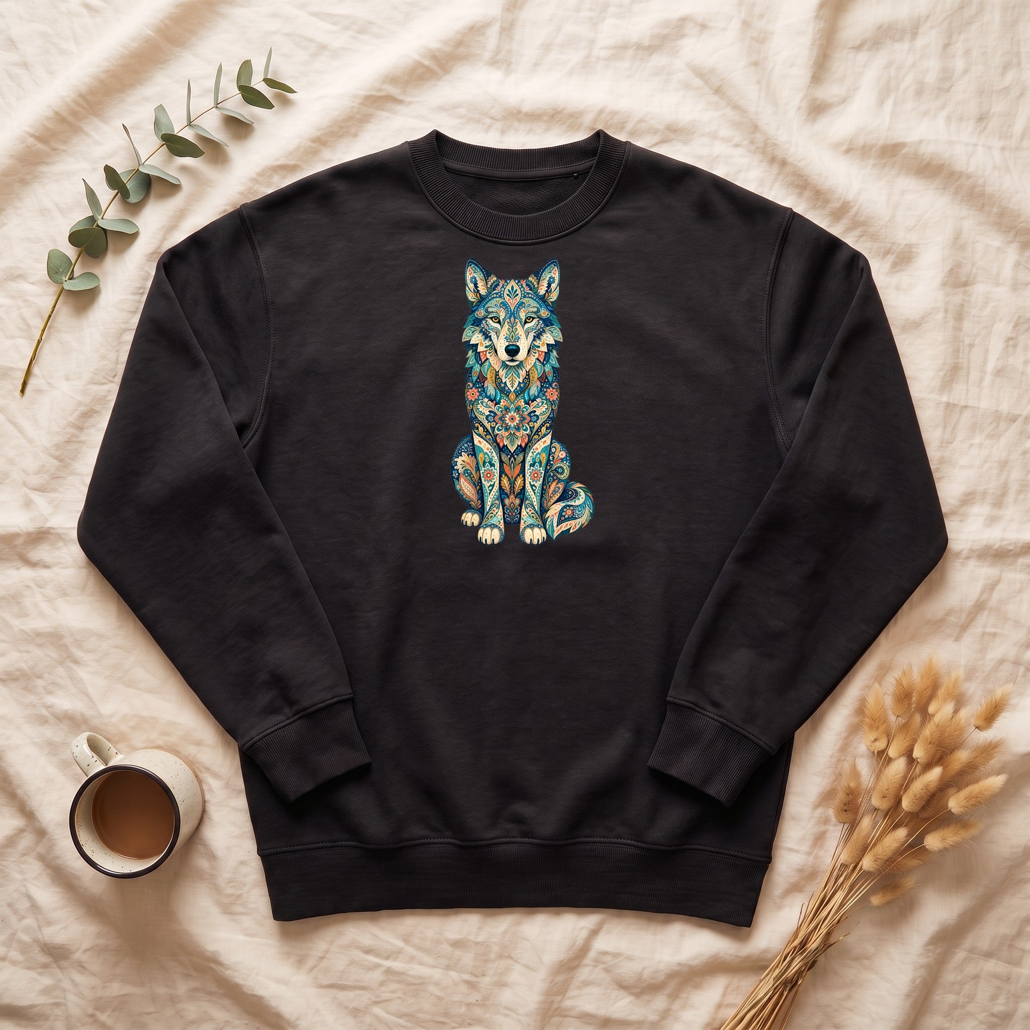 Boho Wolf Shirt, Folk Art Wolf Tee, Japanese Pattern Wolf Lover Gift, Vintage Floral Wolf Sweatshirt
