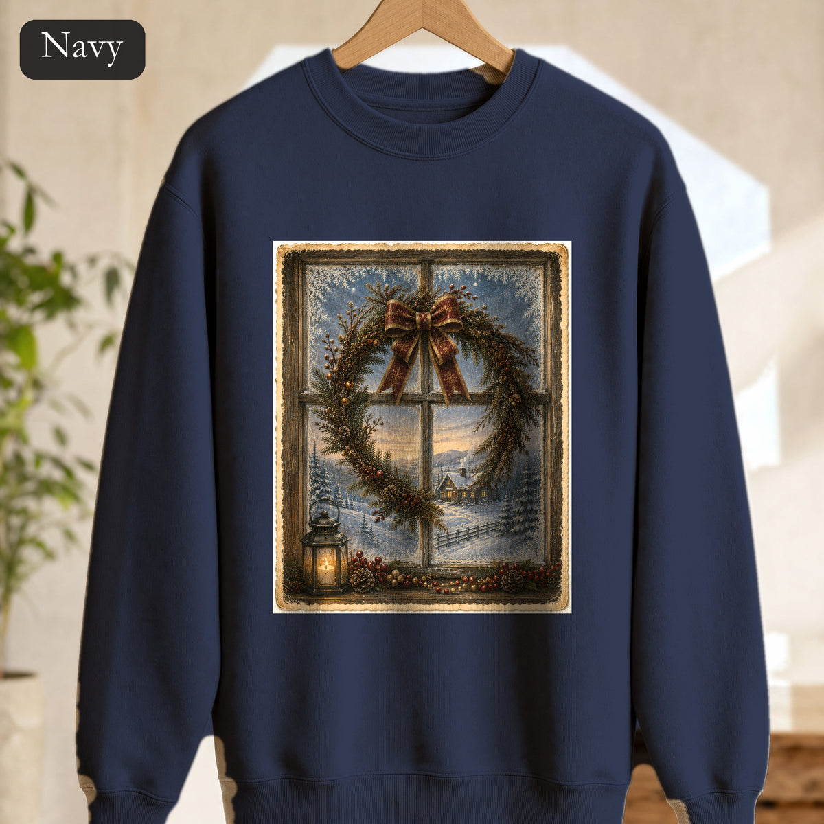 Winter Wreath Window Scene Sweatshirt | Vintage Holiday Postcard