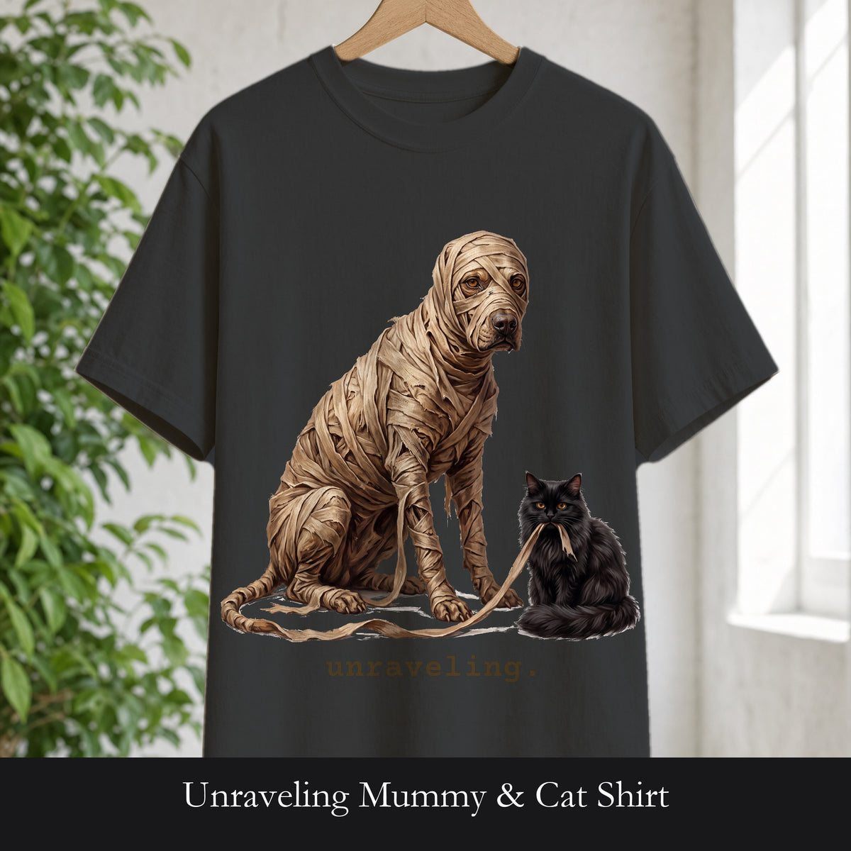 Unraveling Mummy & Cat Shirt, Funny Halloween Mummy Tee, Cozy Deadpan Spooky Tee, Black Cat Lover Gift