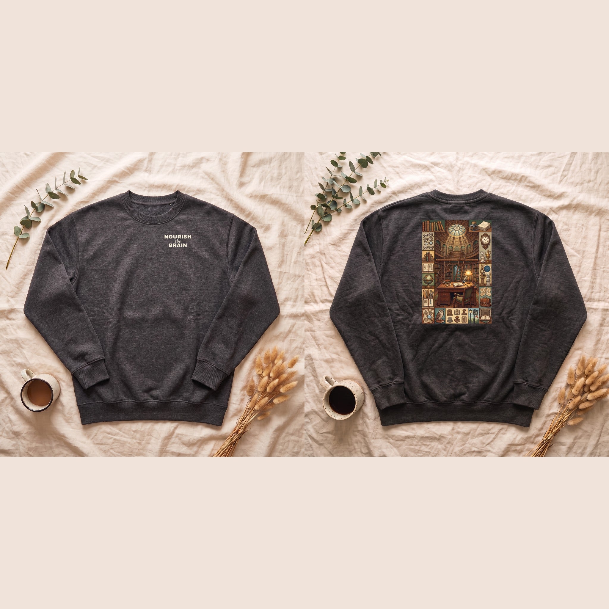 Nourish the Brain Sweatshirt, Vintage Library Poster Crewneck, Dark Academia Book Lover Sweatshirt, Librarian Reader Gift