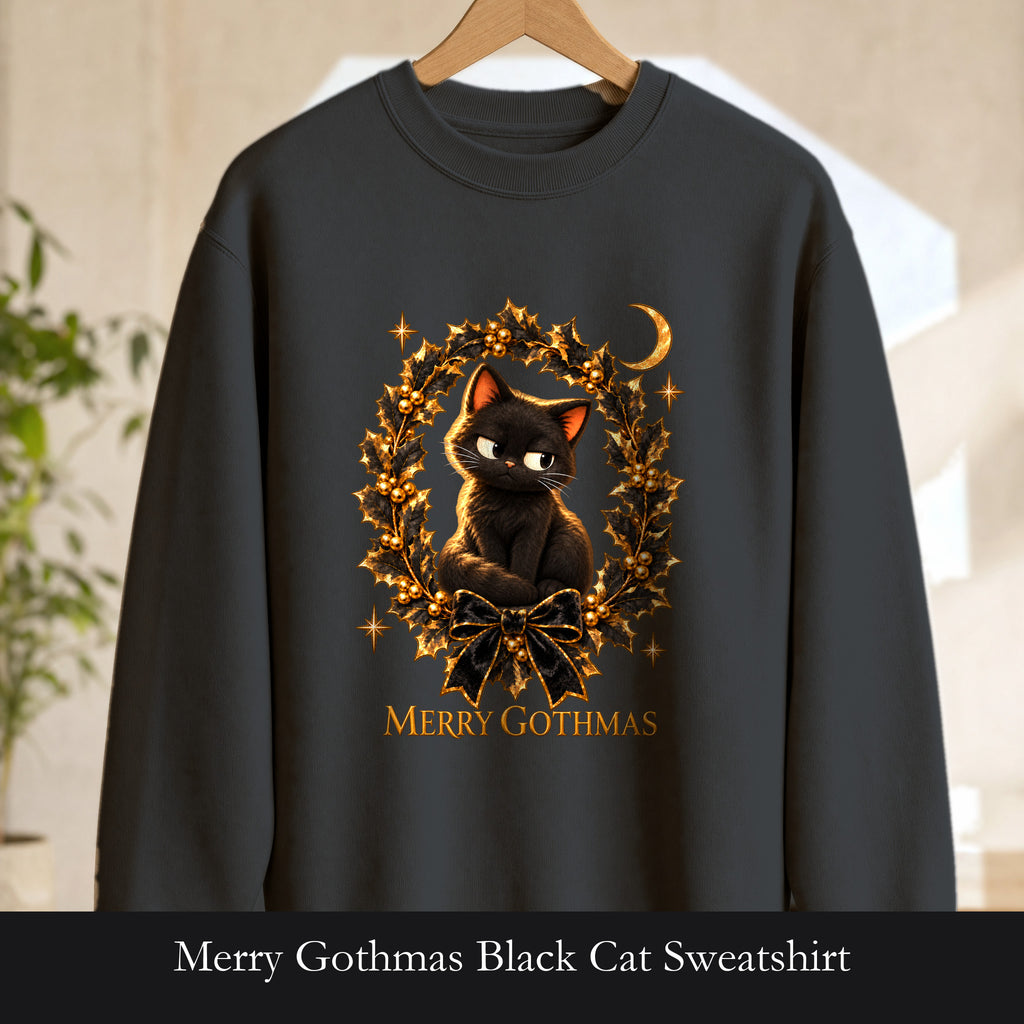 Merry Gothmas Black Cat Sweatshirt | Gothic Christmas Holly Wreath and Crescent Moon, Spooky Cat Lover Holiday Gift