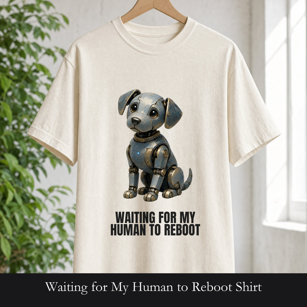 Waiting for My Human to Reboot Shirt, Funny Robot Dog Tee, Tech Programmer Gift, Sci-Fi AI Humor Sweatshirt