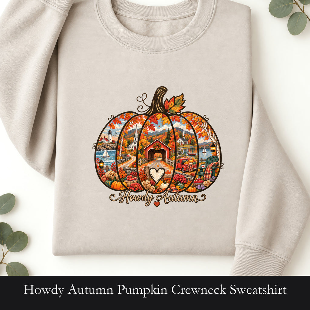 Howdy Autumn Pumpkin Crewneck Sweatshirt | Fall Patchwork Pumpkin Design, Vintage design