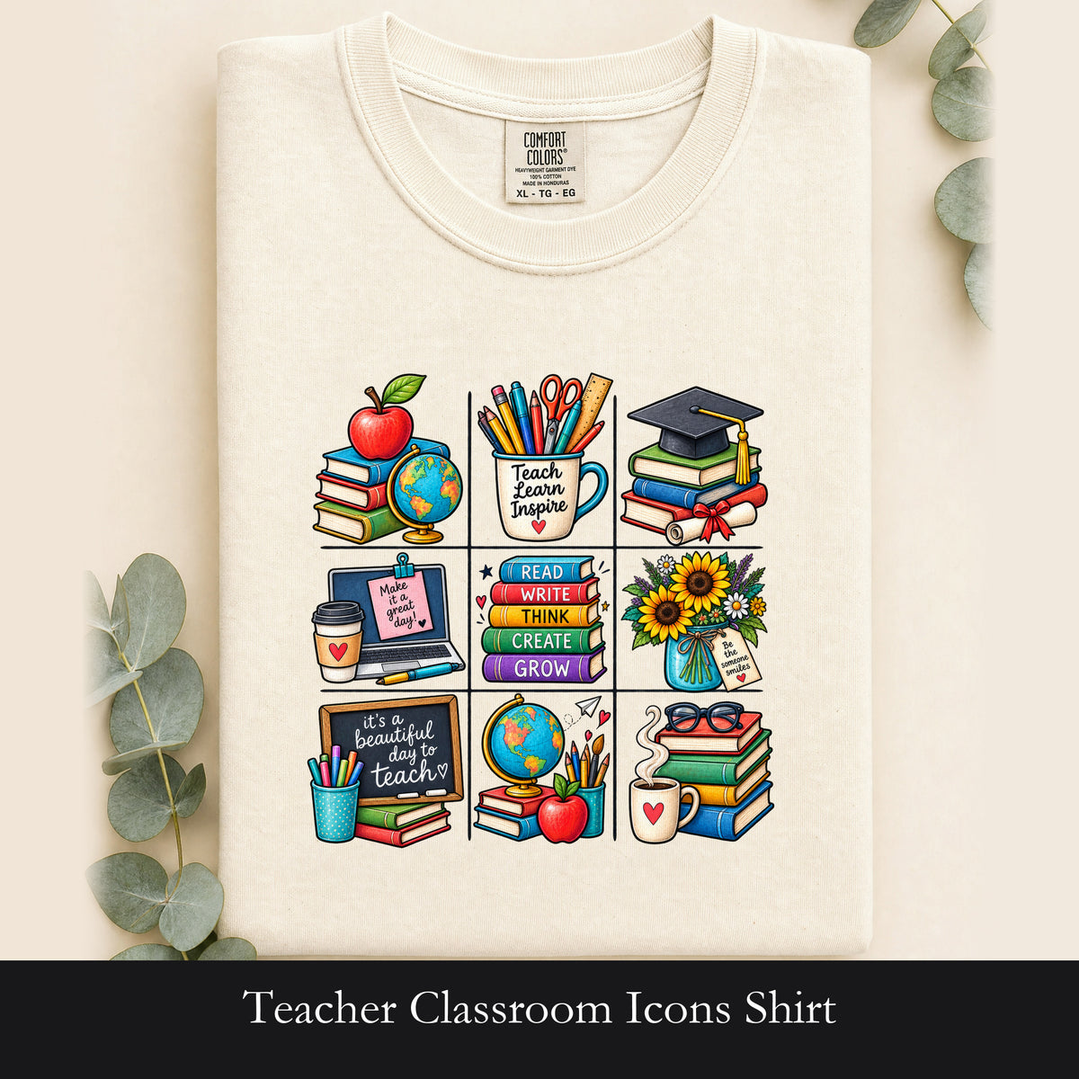 Teacher Classroom Icons Shirt | Books, Globe, Apple, Chalkboard