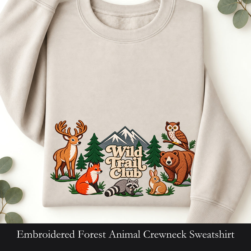 Embroidered Forest Animal Crewneck Sweatshirt | Wild Trail Club Deer Bear Fox and Owl, Nature Lover Camping Gift