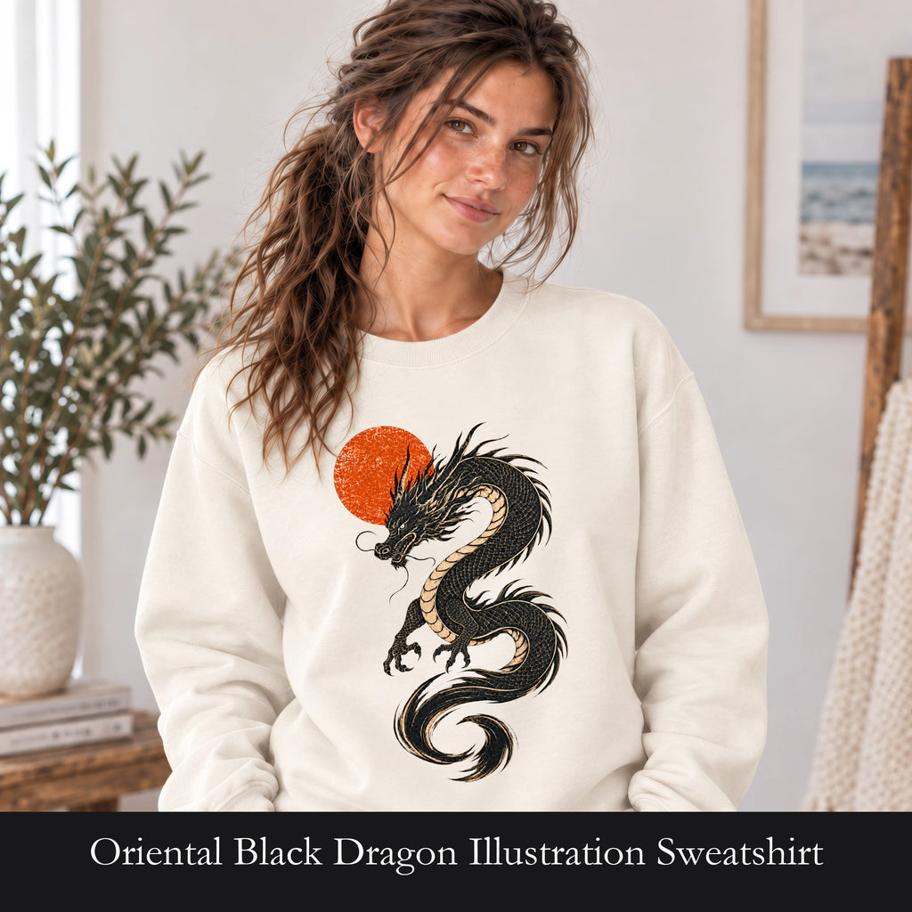 Oriental Black Dragon Illustration Sweatshirt | Red Sun, Mythical Serpent, Minimalist design. Woodblack print design