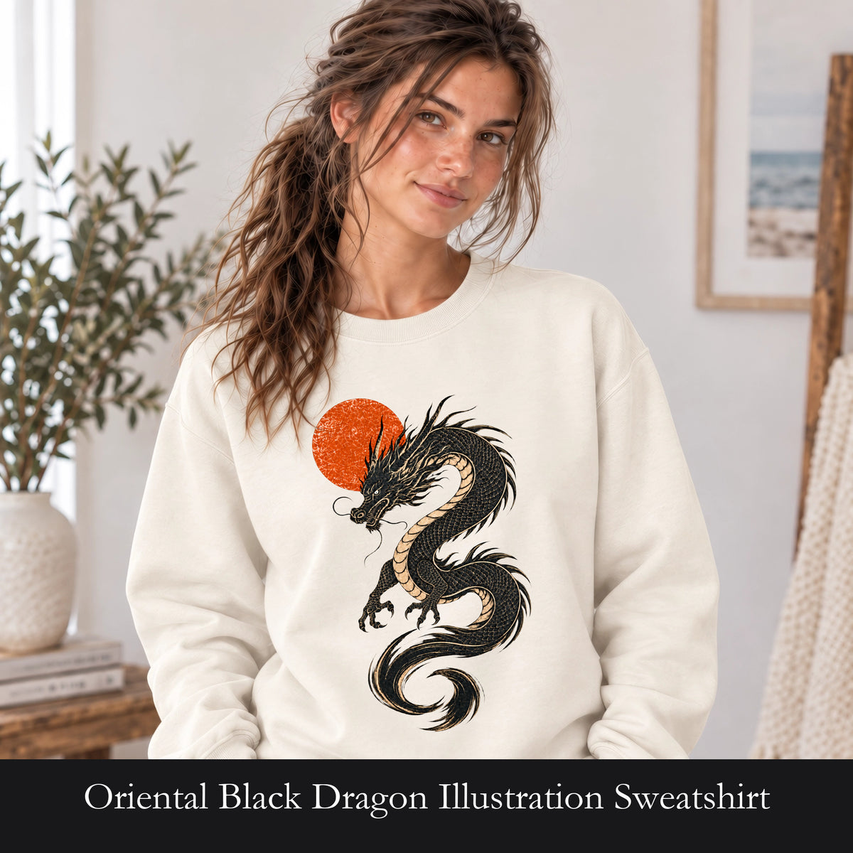 Oriental Black Dragon Illustration Sweatshirt | Red Sun, Mythical Serpent, Minimalist design. Woodblack print design