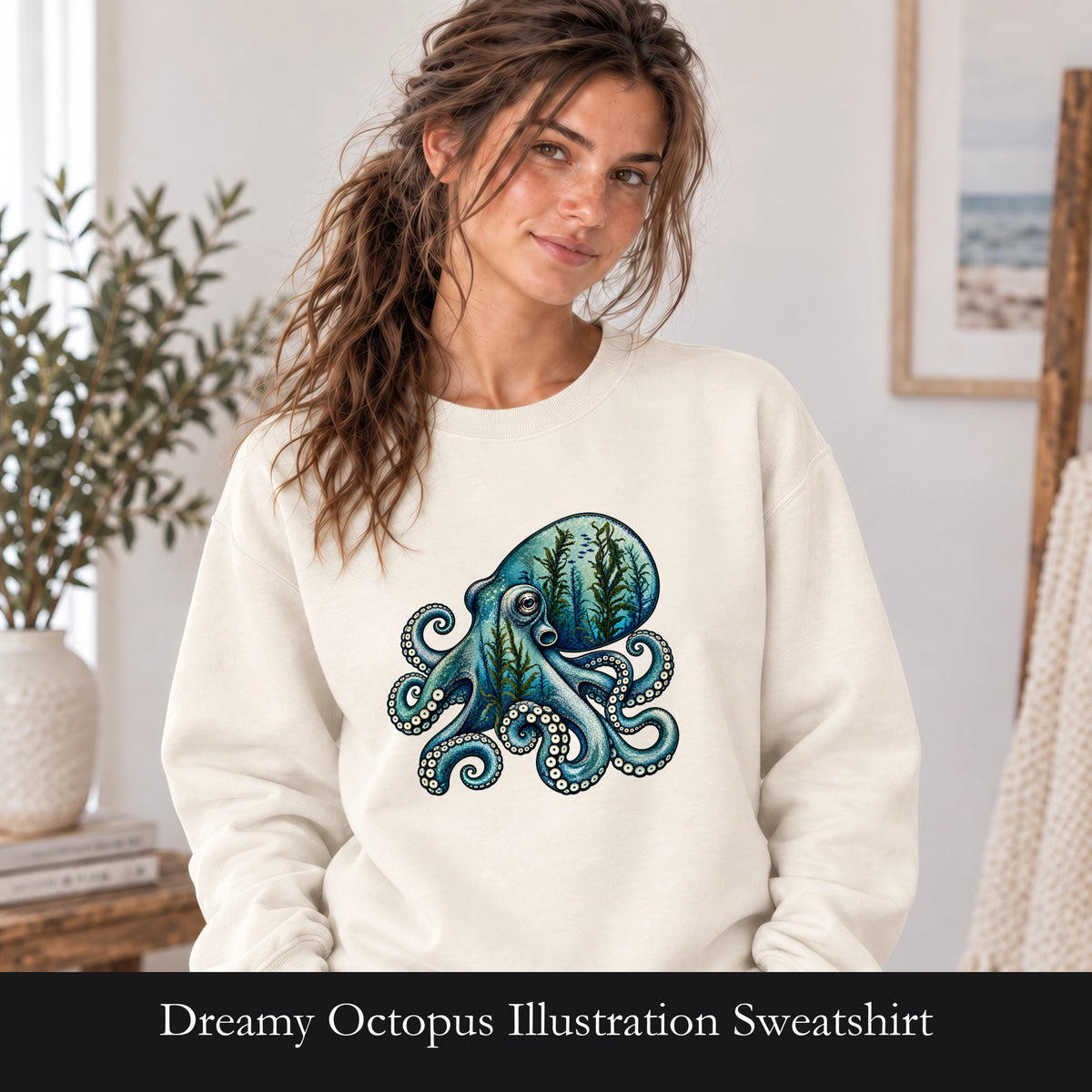Dreamy Octopus Illustration Sweatshirt | Marine Life, Aquatic Art