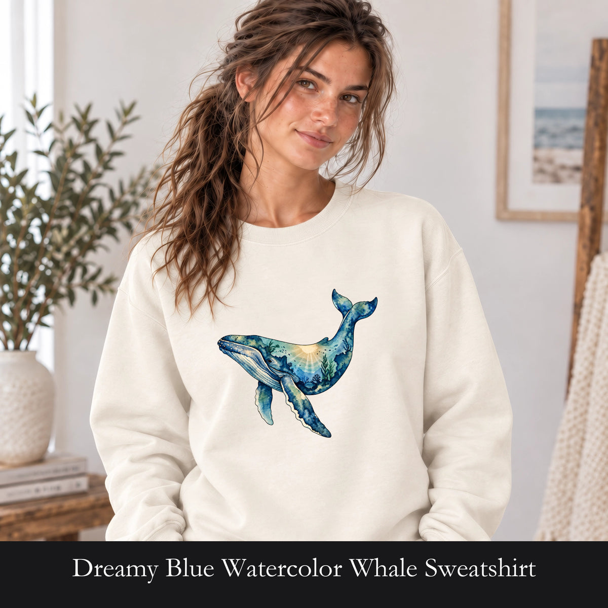 Dreamy Blue Watercolor Whale Sweatshirt | Ocean Marine Mammal Art
