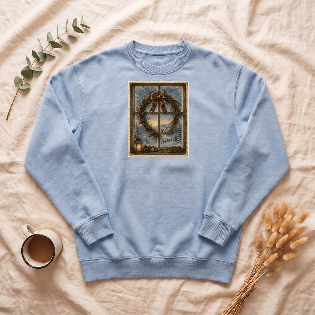 Winter Wreath Window Scene Sweatshirt | Vintage Holiday Postcard