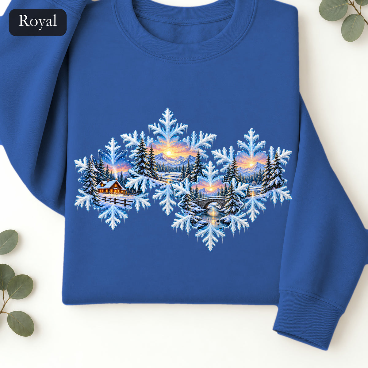 Snowflake Scenic Sunset Crewneck Sweatshirt | Winter Lake Landscape