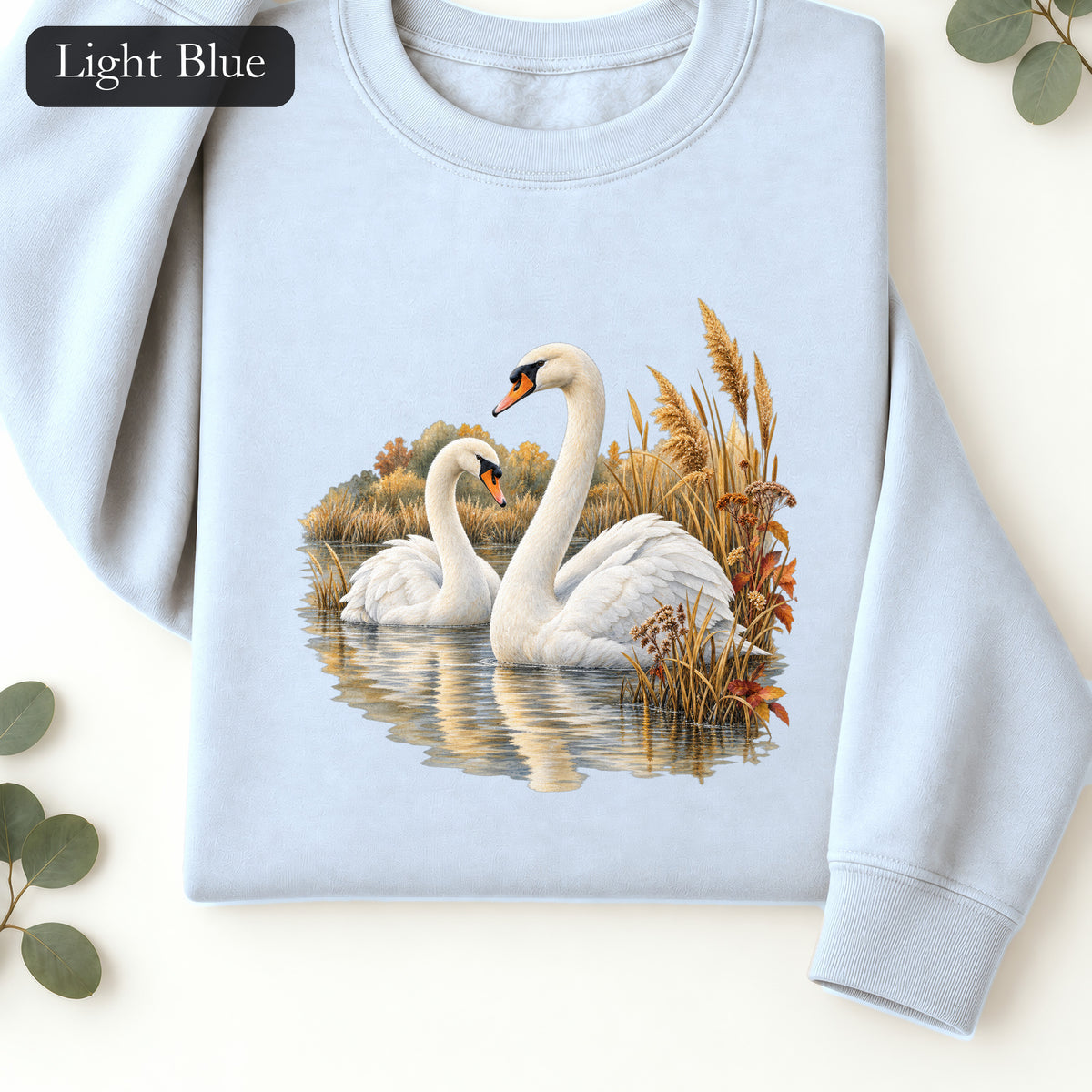 Swan Pair Crewneck Sweatshirt | White Swans Pond Illustration