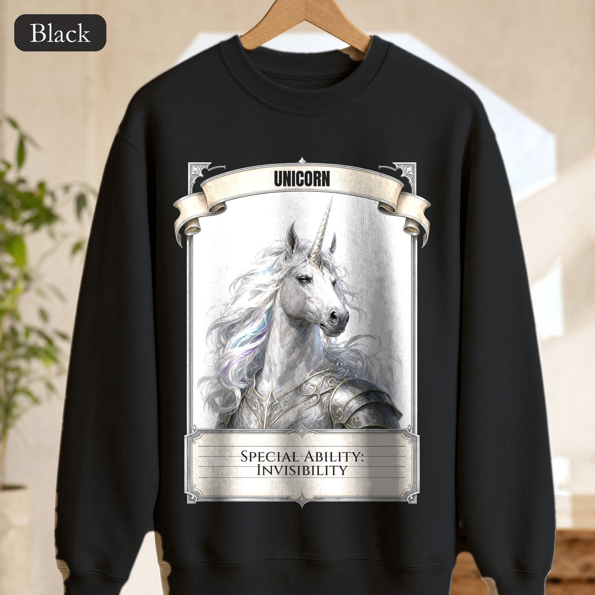 Unicorn Invisibility Stat Card Shirt, Funny RPG Gamer Tee, Tabletop D20 Fantasy Gift, Dungeon Dice Sweatshirt