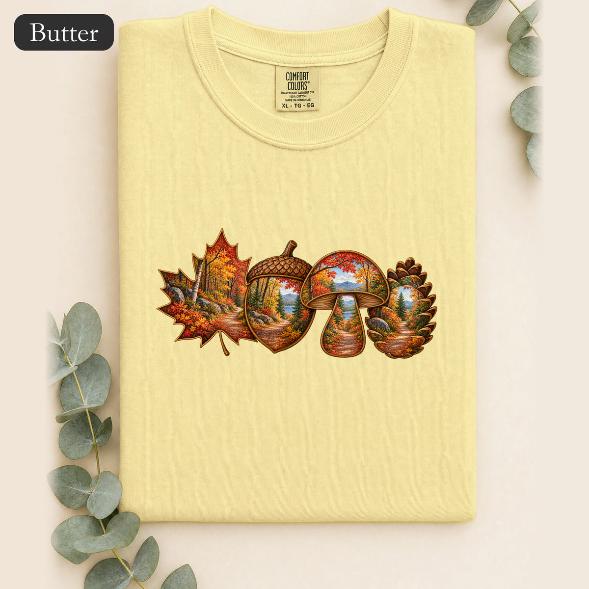 Autumn Lake Scene on Maple Leaves Shirt | Fall Landscape Tee