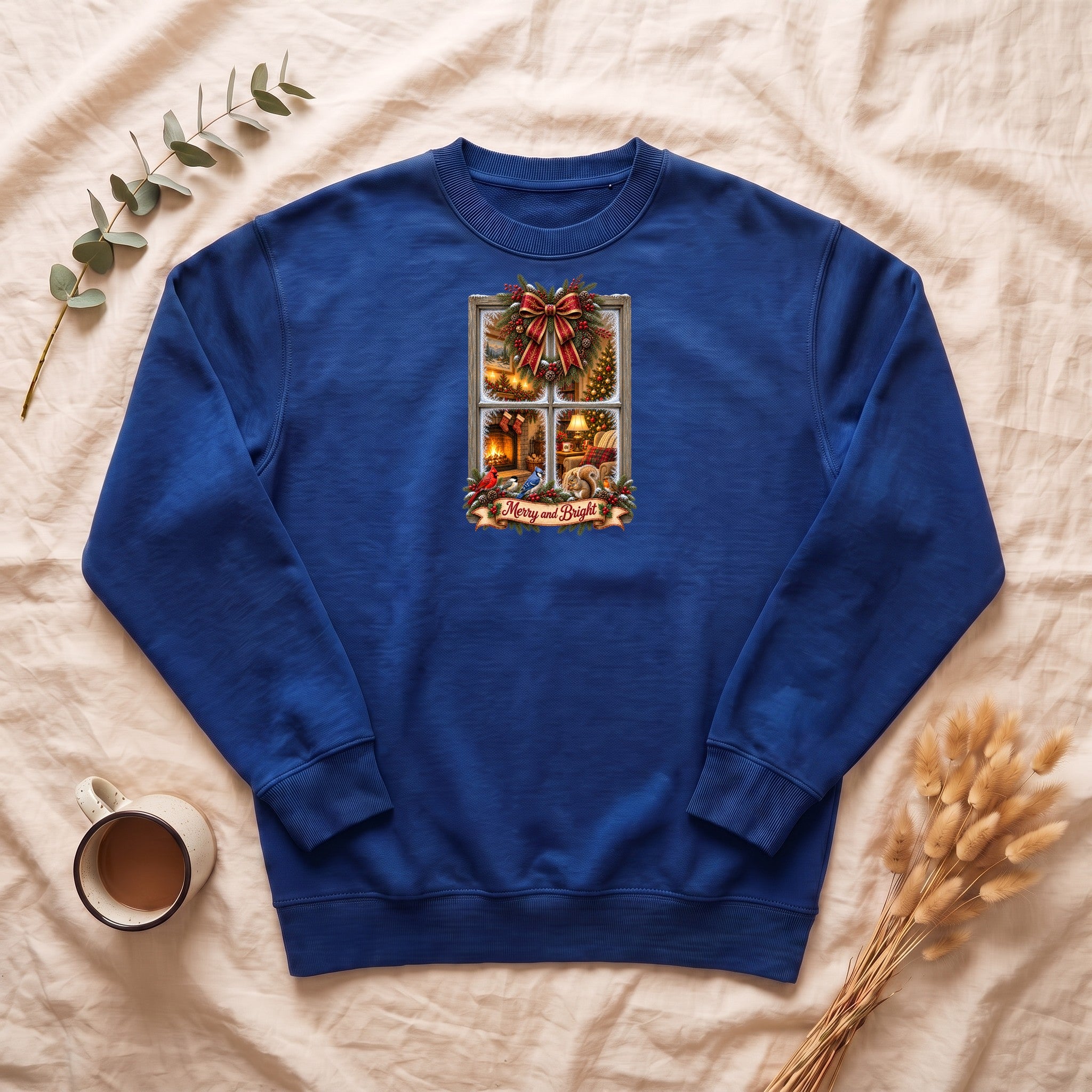 Merry and Bright Window Scene Sweatshirt | Christmas Bow, Wreath, Candlelights