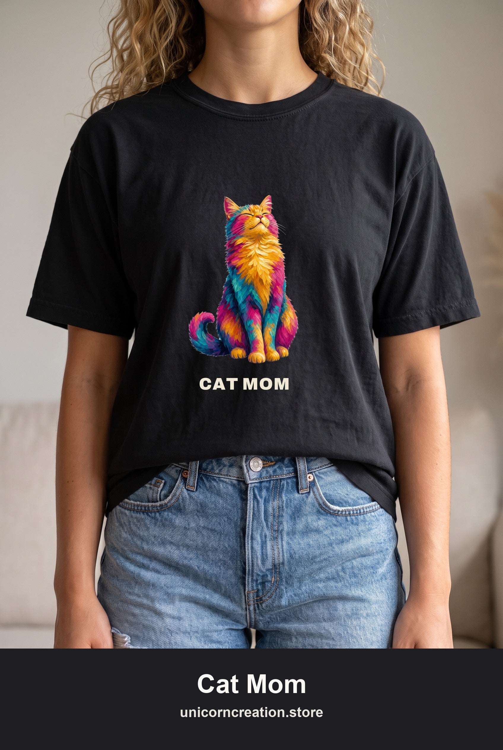 Cat Mom Shirt, Vibrant Painterly Cat Tee, Bold Cat Lover Gift, Colorful Cat Owner Sweatshirt