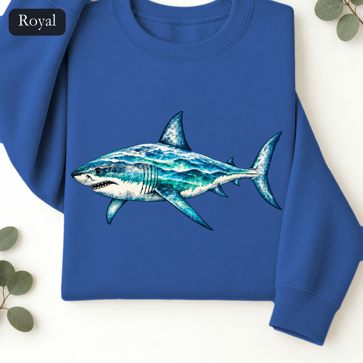 Blue Watercolor Shark Crewneck Sweatshirt | Ocean Fish Illustration