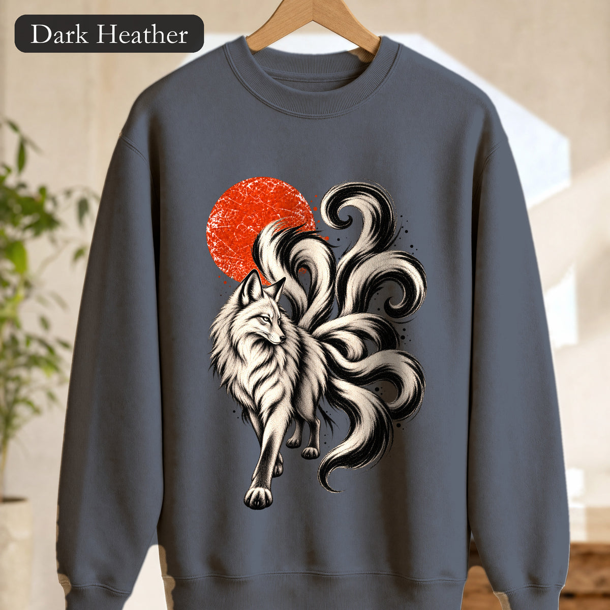 Nine-Tailed Fox Crewneck | Kitsune Fox Illustration, Red Sun, Minimalist design, Woodblock Print Design