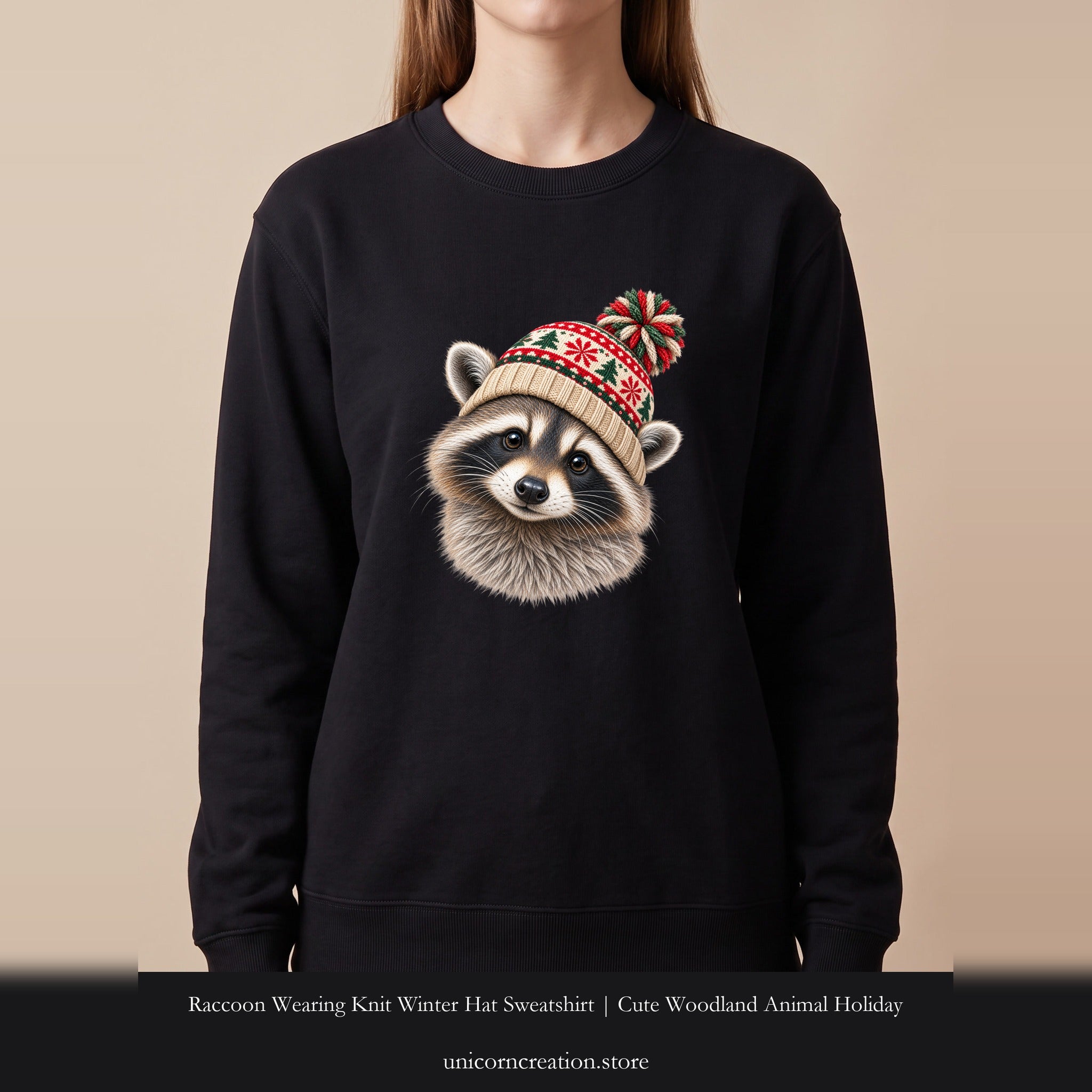 Raccoon Wearing Knit Winter Hat Sweatshirt | Cute Woodland Animal Holiday