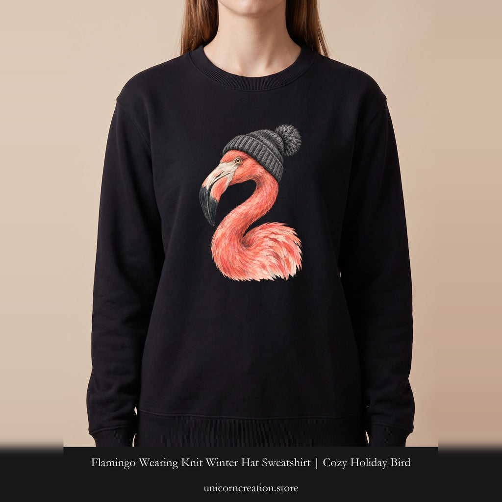 Flamingo Wearing Knit Winter Hat Sweatshirt | Cozy Holiday Bird Crewneck