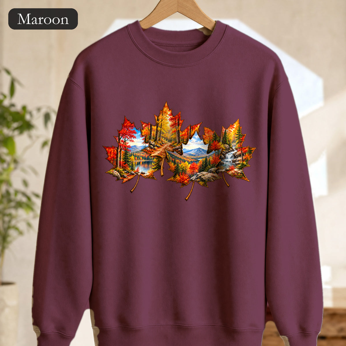Autumn Maple Leaf Landscape Sweatshirt | Fall Forest Lake Scene