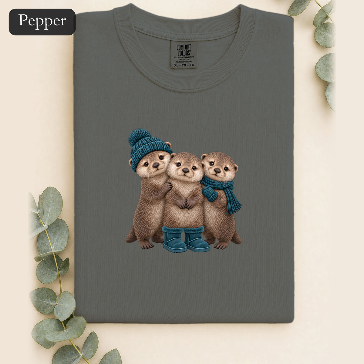 Three Otters Wearing Winter Hats Boots shirt | Cute Otter Trio Design