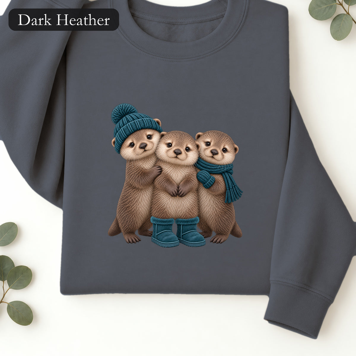 Three Otters Wearing Winter Hats Boots sweatshirt | Cute Otter Trio Design