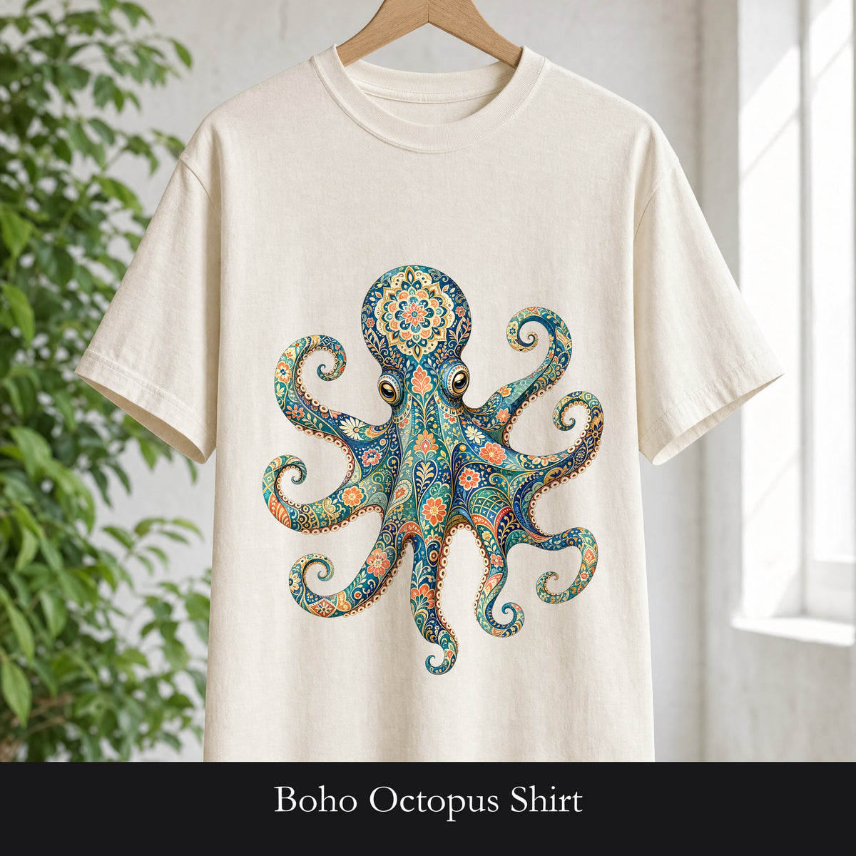 Boho Octopus Shirt, Folk Art Octopus Tee, Japanese Pattern Ocean Lover Gift, Vintage Floral Octopus Sweatshirt