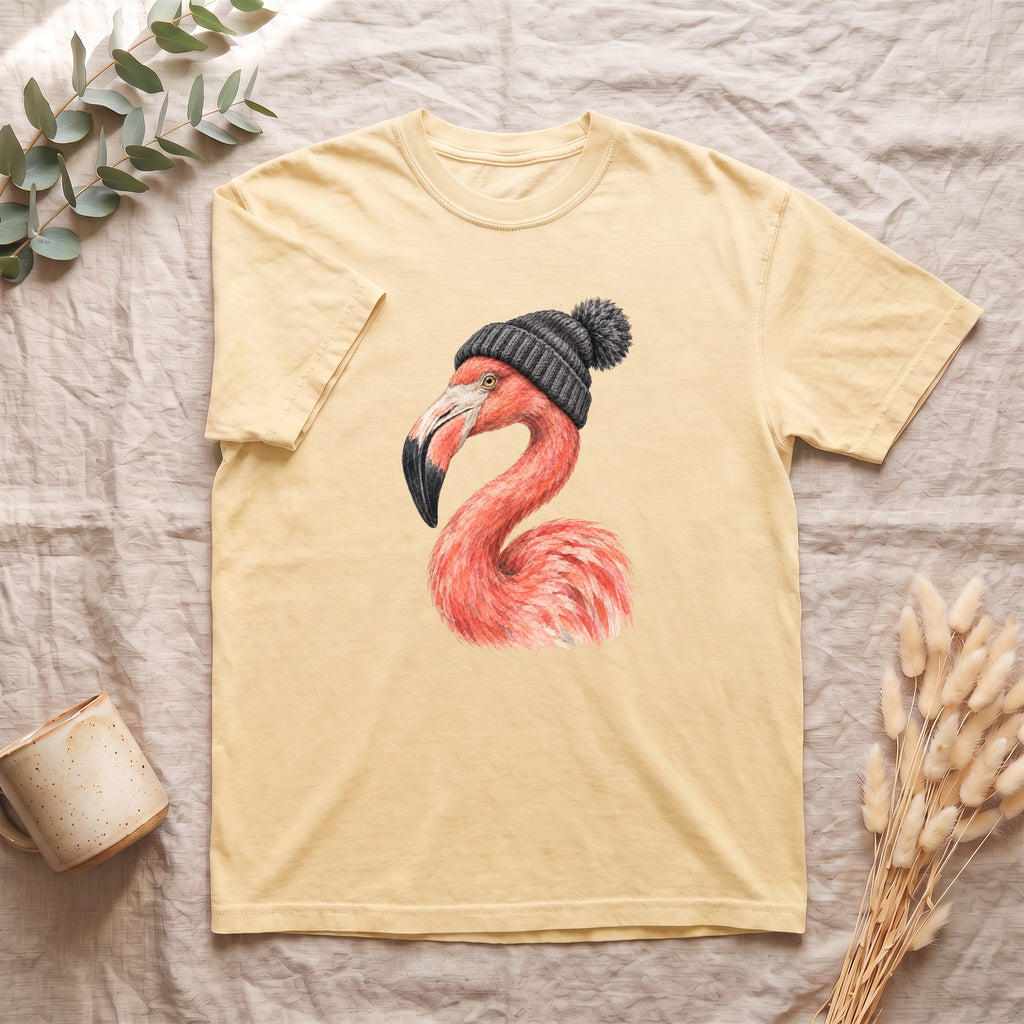 Flamingo Wearing Knit Winter Hat Shirt | Cozy Holiday Bird Tee