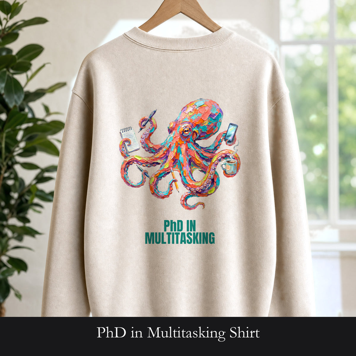 PhD in Multitasking Shirt, Funny Octopus Tee, Busy Mom Boss Gift, Painterly Ocean Humor Sweatshirt
