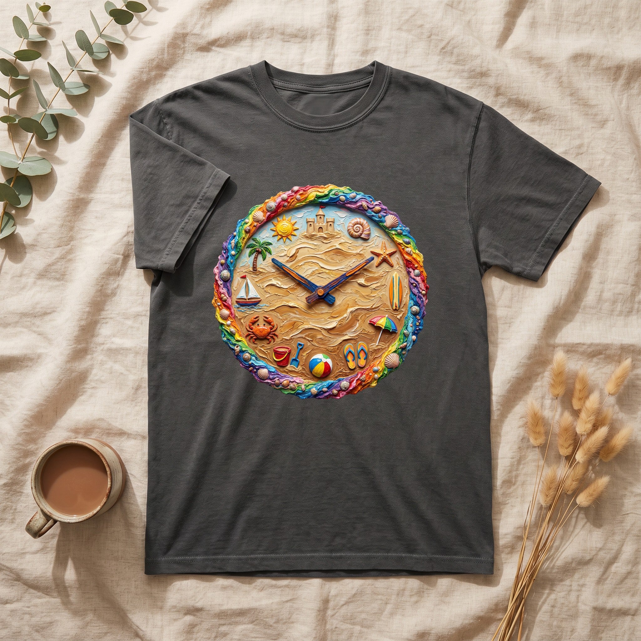 Beach Clock Shirt, Dreamy Coastal Art Tee, Surreal Beach Lover Gift, Summer Ocean Sweatshirt