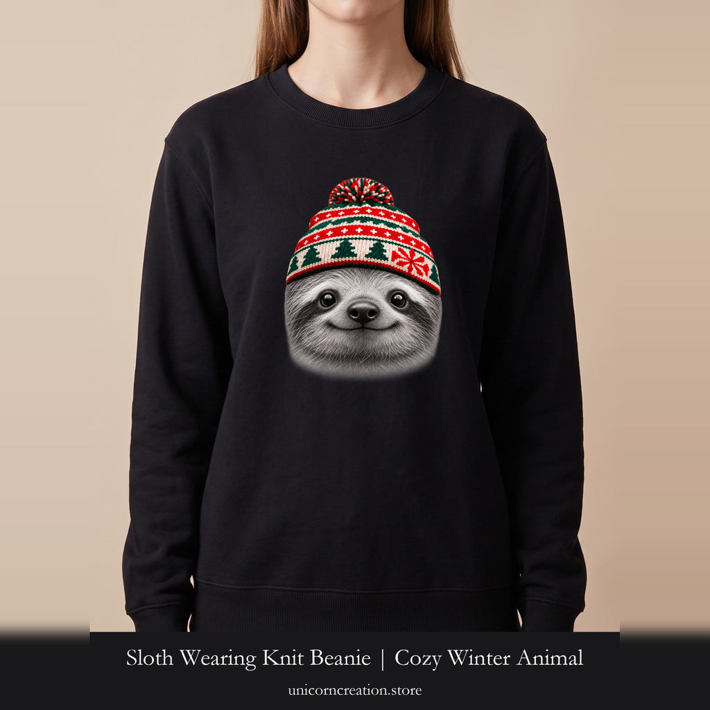 Sloth Wearing Knit Beanie | Cozy Winter Animal Crewneck