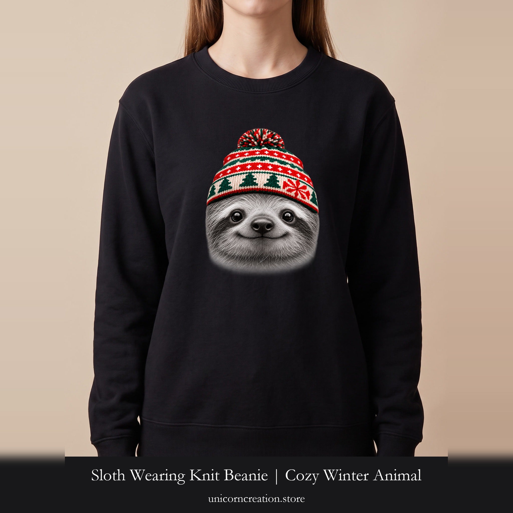 Sloth Wearing Knit Beanie | Cozy Winter Animal Crewneck