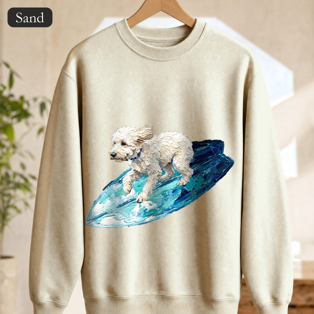 Surfing Dog Shirt, Painterly Surf Dog Tee, Beach Coastal Dog Lover Gift, Summer Ocean Dog Mom Sweatshirt