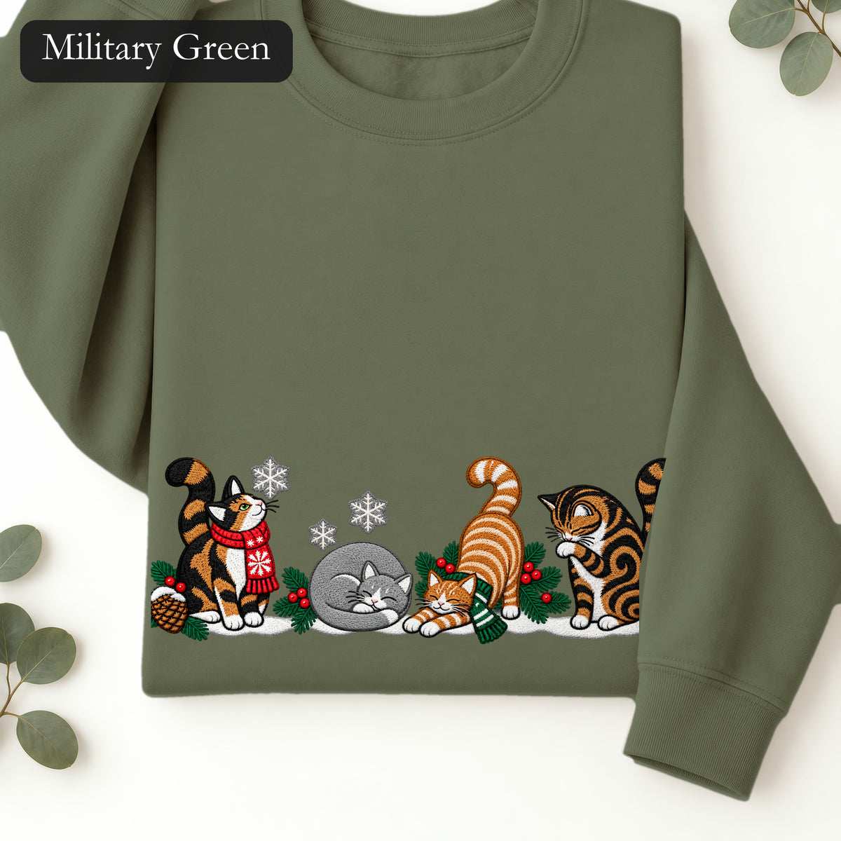 Embroidered Winter Cats Crewneck Sweatshirt | Cozy Christmas Cat Lineup in Scarves, Cat Lover Holiday Gift