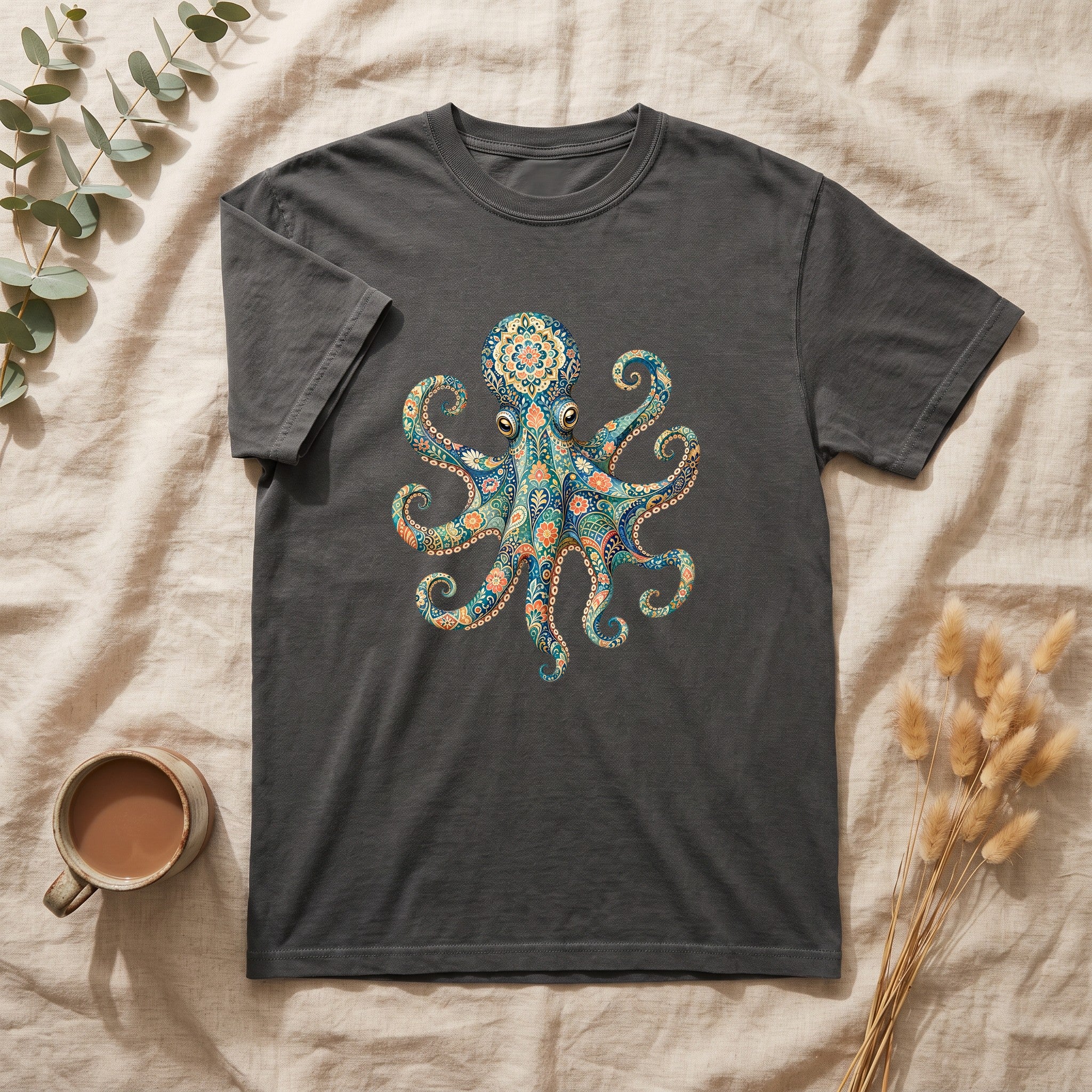 Boho Octopus Shirt, Folk Art Octopus Tee, Japanese Pattern Ocean Lover Gift, Vintage Floral Octopus Sweatshirt
