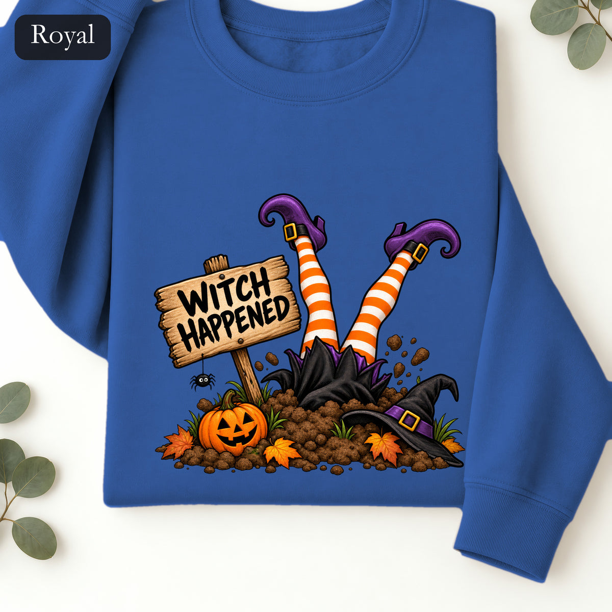 Witch Happened legs up in graveyard Sweatshirt | Halloween witch pumpkin witch design