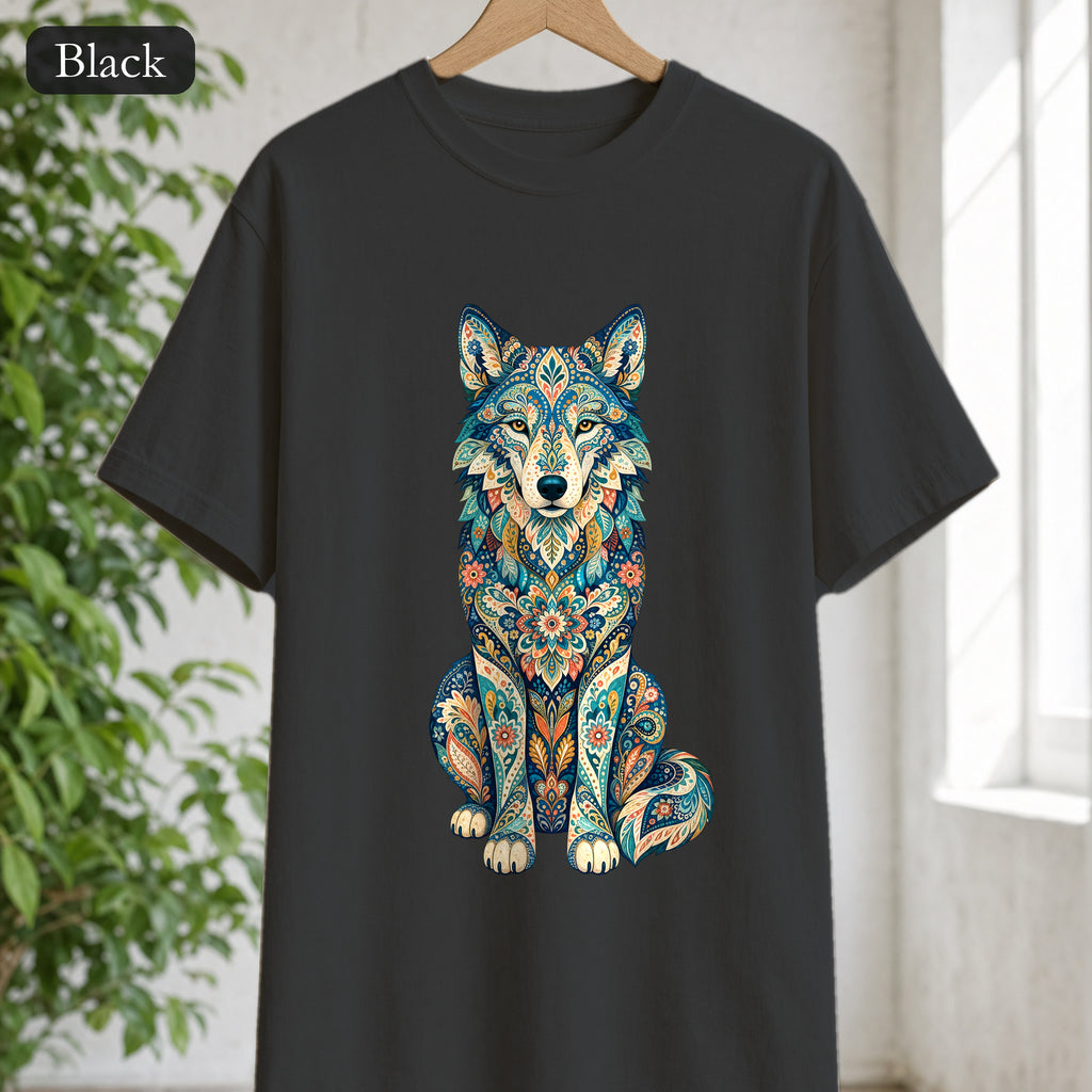 Boho Wolf Shirt, Folk Art Wolf Tee, Japanese Pattern Wolf Lover Gift, Vintage Floral Wolf Sweatshirt