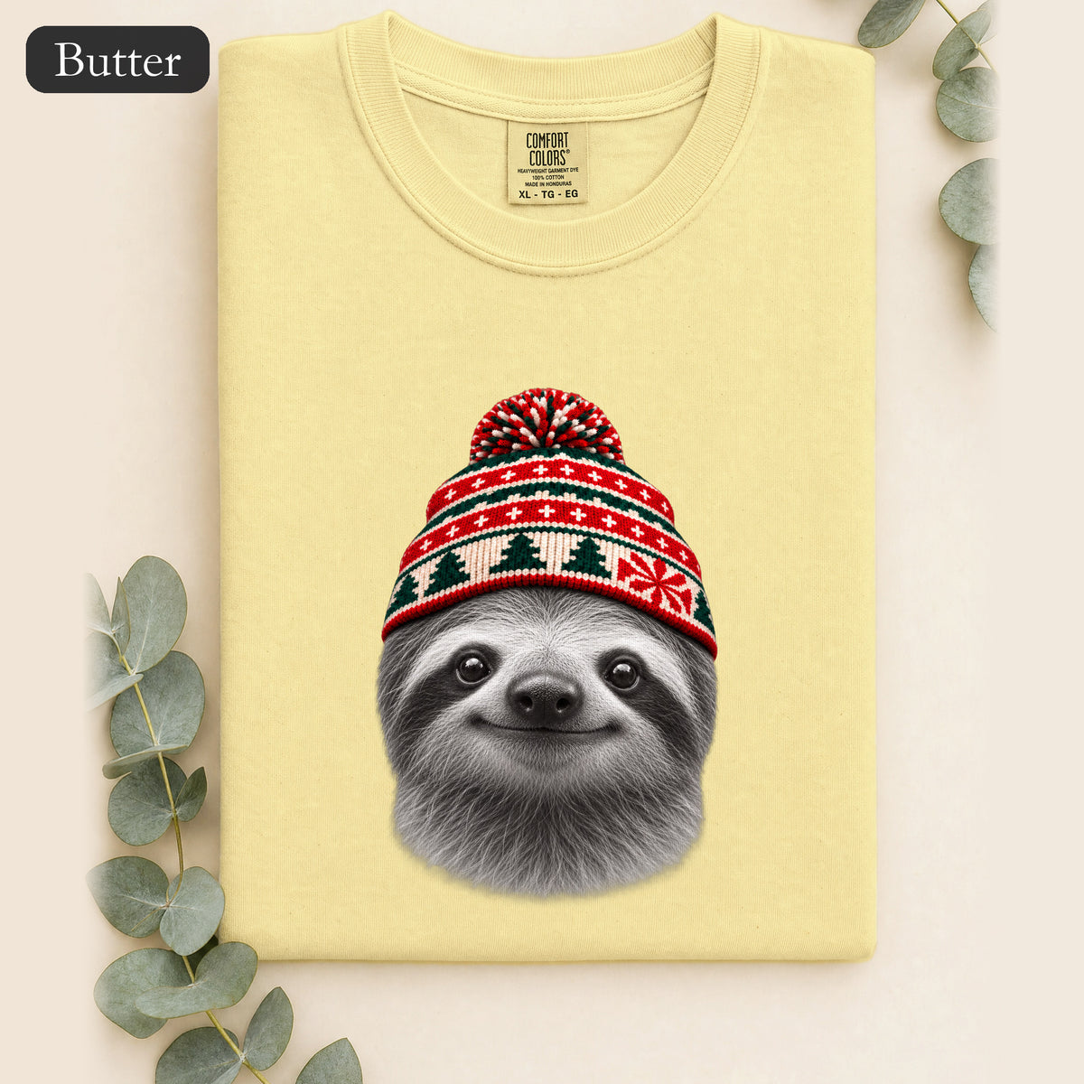 Sloth Wearing Christmas Knit Beanie | Cozy Winter Animal Tee