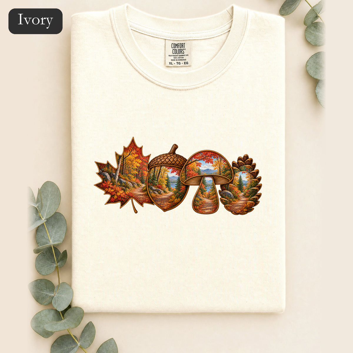 Autumn Lake Scene on Maple Leaves Shirt | Fall Landscape Tee