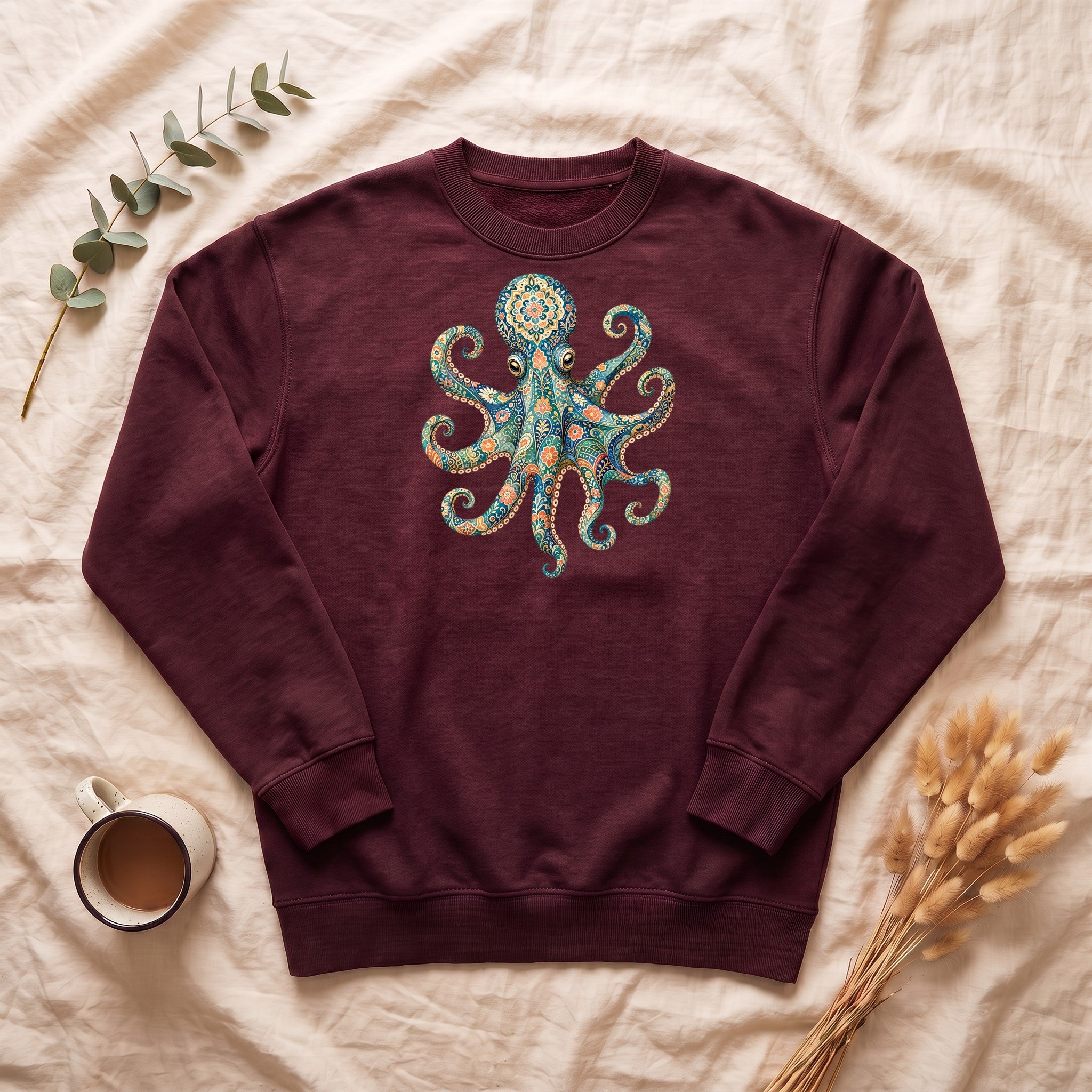 Boho Octopus Shirt, Folk Art Octopus Tee, Japanese Pattern Ocean Lover Gift, Vintage Floral Octopus Sweatshirt