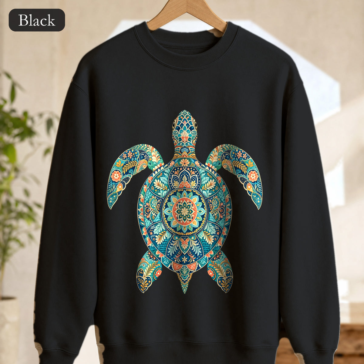 Boho Sea Turtle Shirt, Folk Art Turtle Tee, Japanese Pattern Ocean Lover Gift, Vintage Floral Turtle Sweatshirt